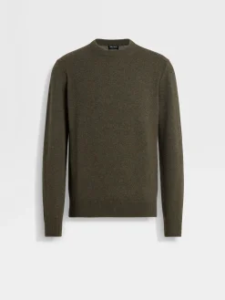 Travel In Style|Sweaters>ZEGNA Army Green Multimélange Oasi Cashmere Crewneck ArmyGreenMultimélange
