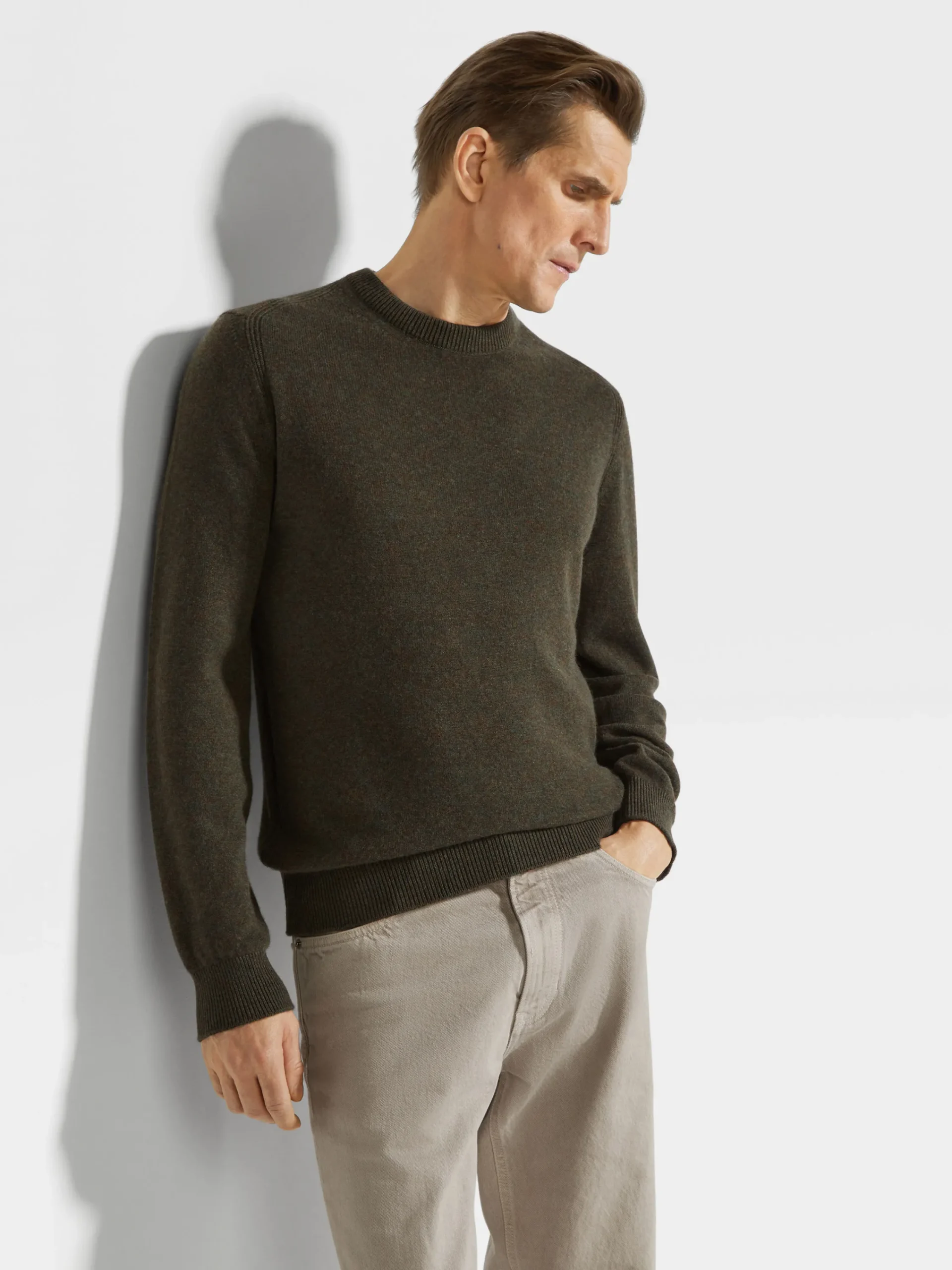 Travel In Style|Sweaters>ZEGNA Army Green Multimélange Oasi Cashmere Crewneck ArmyGreenMultimélange