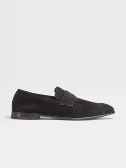 Loafers>ZEGNA Suede L'Asola Loafers Black