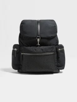 Bags And Wallets>ZEGNA Technical Fabric and PELLETESSUTA™ Leather Backpack Black