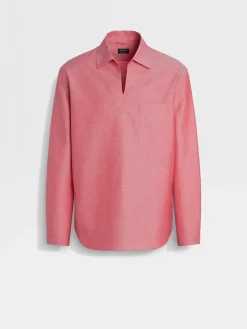 Resort Essentials|Shirts>ZEGNA Crossover Blend Cotton Linen and Silk Polo Shirt Fuchsia