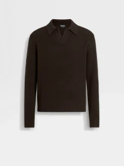 Polo Shirts|Sweaters>ZEGNA Dark Brown Mélange Oasi Cashmere Polo Shirt DarkBrownMélange