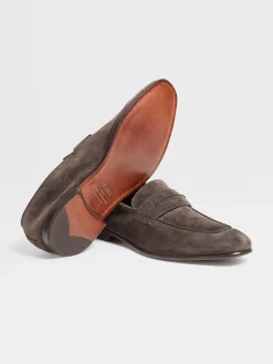 Loafers>ZEGNA Dark Brown Suede L'Asola Loafers DarkBrown