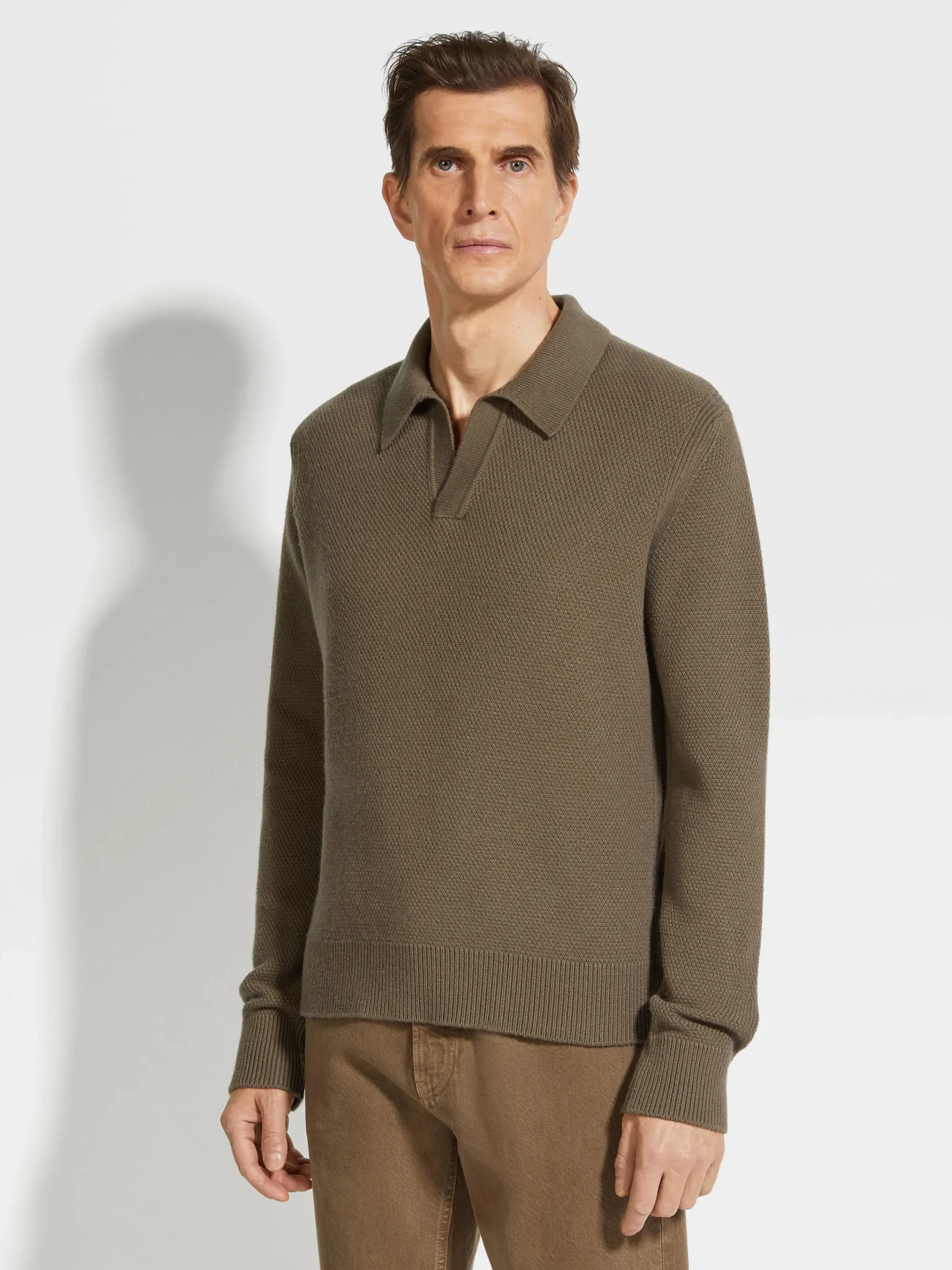 Travel In Style|Polo Shirts>ZEGNA Dark Khaki Mélange Oasi Cashmere Polo Shirt DarkKhakiMélange