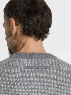 Travel In Style|Sweaters>ZEGNA Grey and White Cashmere Mohair and Silk Crewneck Grey/White