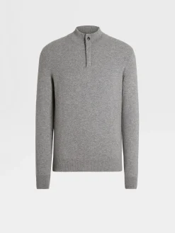 Sweaters>ZEGNA Grey Mélange Oasi Cashmere Zip Mock Neck Sweater GreyMélange