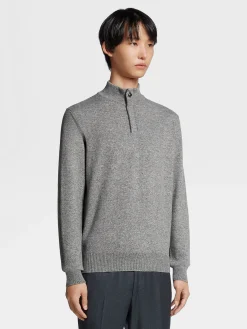 Sweaters>ZEGNA Grey Mélange Oasi Cashmere Zip Mock Neck Sweater GreyMélange