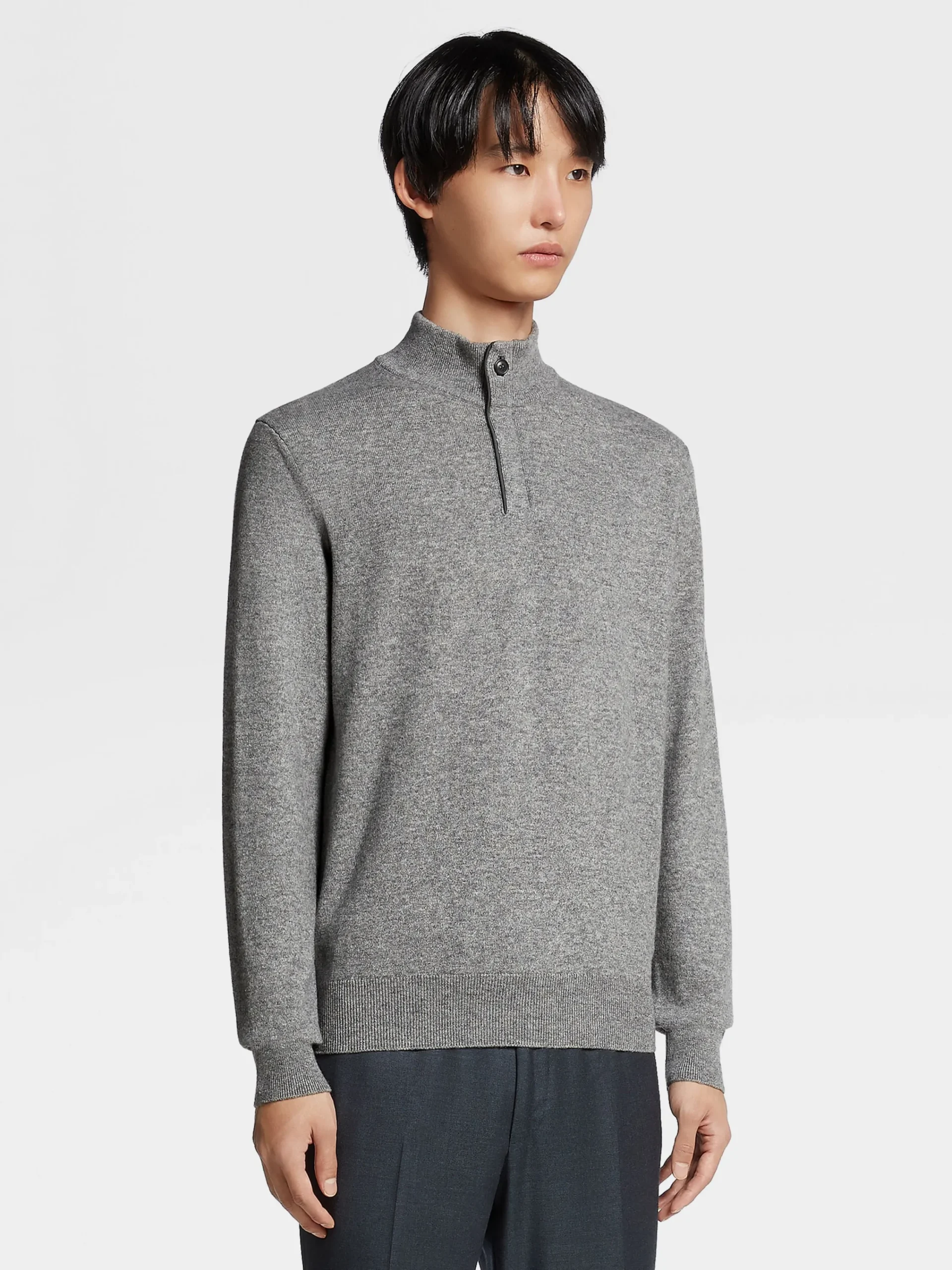 Sweaters>ZEGNA Grey Mélange Oasi Cashmere Zip Mock Neck Sweater GreyMélange