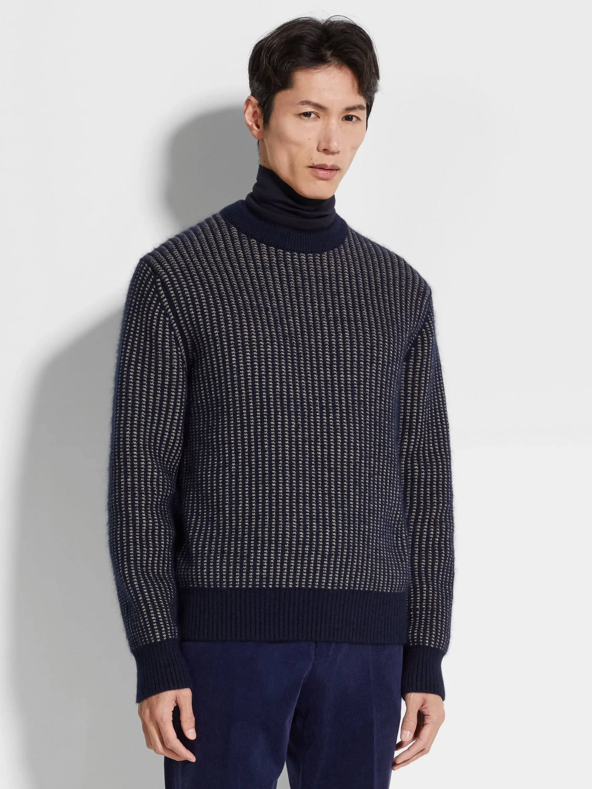 Travel In Style|Sweaters>ZEGNA Ink Blue and Light Taupe Cashmere Mohair and Silk Crewneck InkBlue/LightTaupe