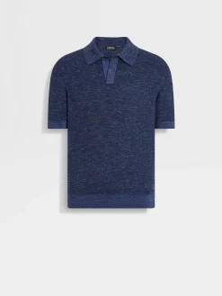 Polo Shirts|Sweaters>ZEGNA Ink Blue Mélange Silk Cashmere and Linen Polo Shirt InkBlueMélange
