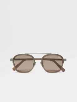 Resort Essentials|Small Gifts>ZEGNA Light Brown Orizzonte I Acetate and Metal Sunglasses LightBrown
