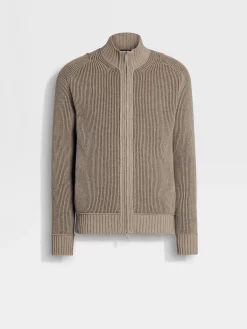 Sweaters>ZEGNA Light Taupe and Khaki Mélange Oasi Cashmere Full Zip Cardigan LightTaupe/KhakiMélange