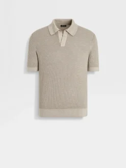 Polo Shirts|Sweaters>ZEGNA Light Taupe Mélange Silk Cashmere and Linen Polo Shirt LightTaupeMélange