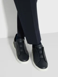 Sneakers>ZEGNA Navy Blue Deerskin Triple Stitch™ Sneakers NavyBlue