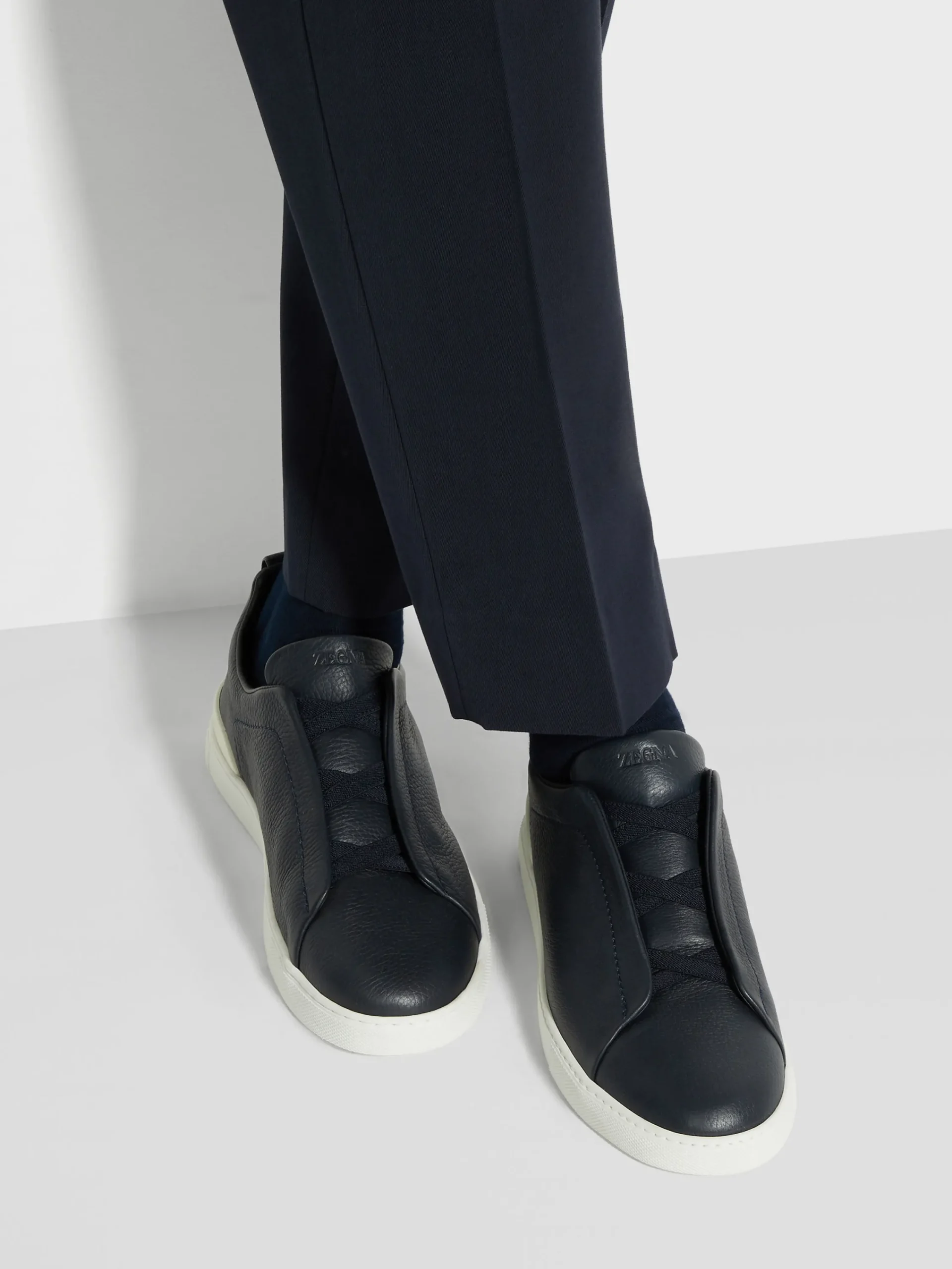 Sneakers>ZEGNA Navy Blue Deerskin Triple Stitch™ Sneakers NavyBlue