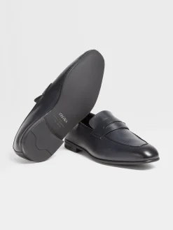 Loafers>ZEGNA Navy Blue Leather L'Asola Loafers NavyBlue
