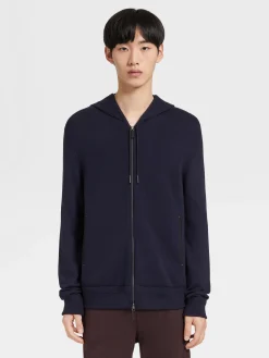 Joggers And Sweatshirts|Sweaters>ZEGNA Navy Blue 12milmil12 Wool Full Zip Hoodie NavyBlue