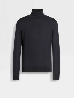 Travel In Style|Sweaters>ZEGNA Navy Blue Mélange Cashseta Turtleneck NavyBlueMélange