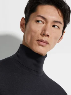Travel In Style|Sweaters>ZEGNA Navy Blue Mélange Cashseta Turtleneck NavyBlueMélange