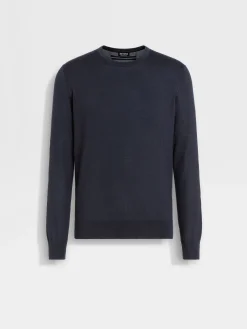 Sweaters>ZEGNA Navy Blue Mélange Cashseta Crewneck NavyBlueMélange