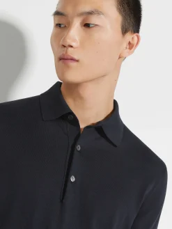 Sweaters>ZEGNA Navy Blue Premium Cotton Polo Shirt NavyBlue