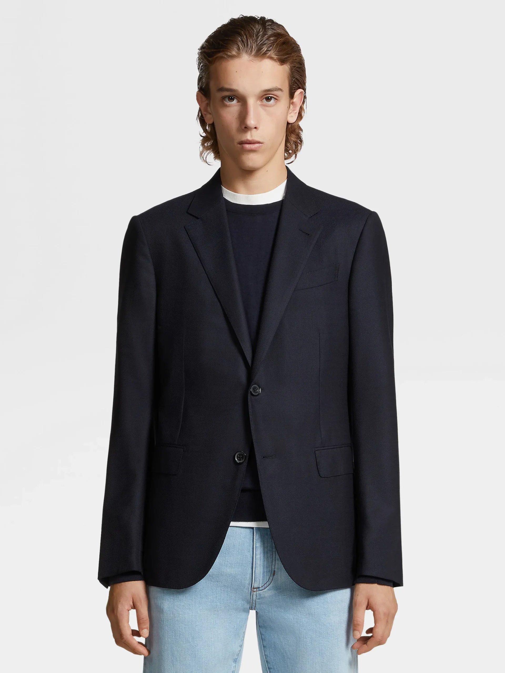 Blazers>ZEGNA Navy Blue Trofeo™ Comfort Stretch Wool and Silk Jacket NavyBlue