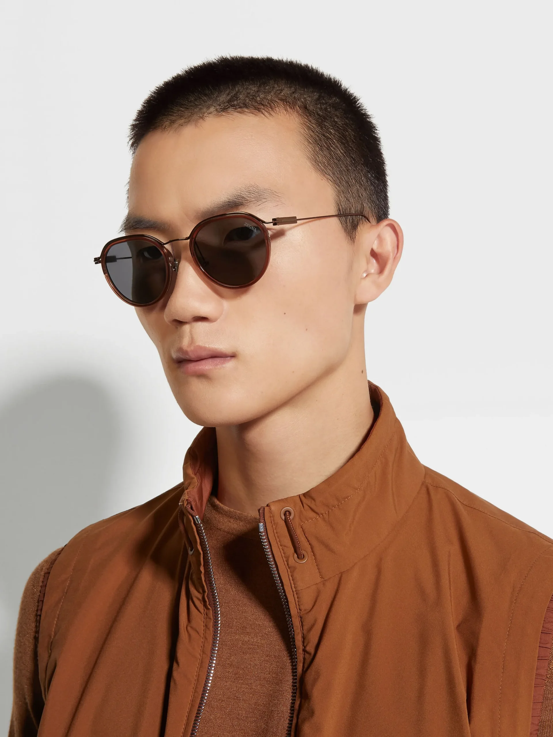 Sunglasses>ZEGNA Transparent Brown Acetate and Metal Sunglasses TransparentBrown