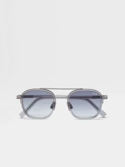 Resort Essentials|Small Gifts>ZEGNA Transparent Light Grey Orizzonte I Acetate and Metal Sunglasses TransparentLightGrey