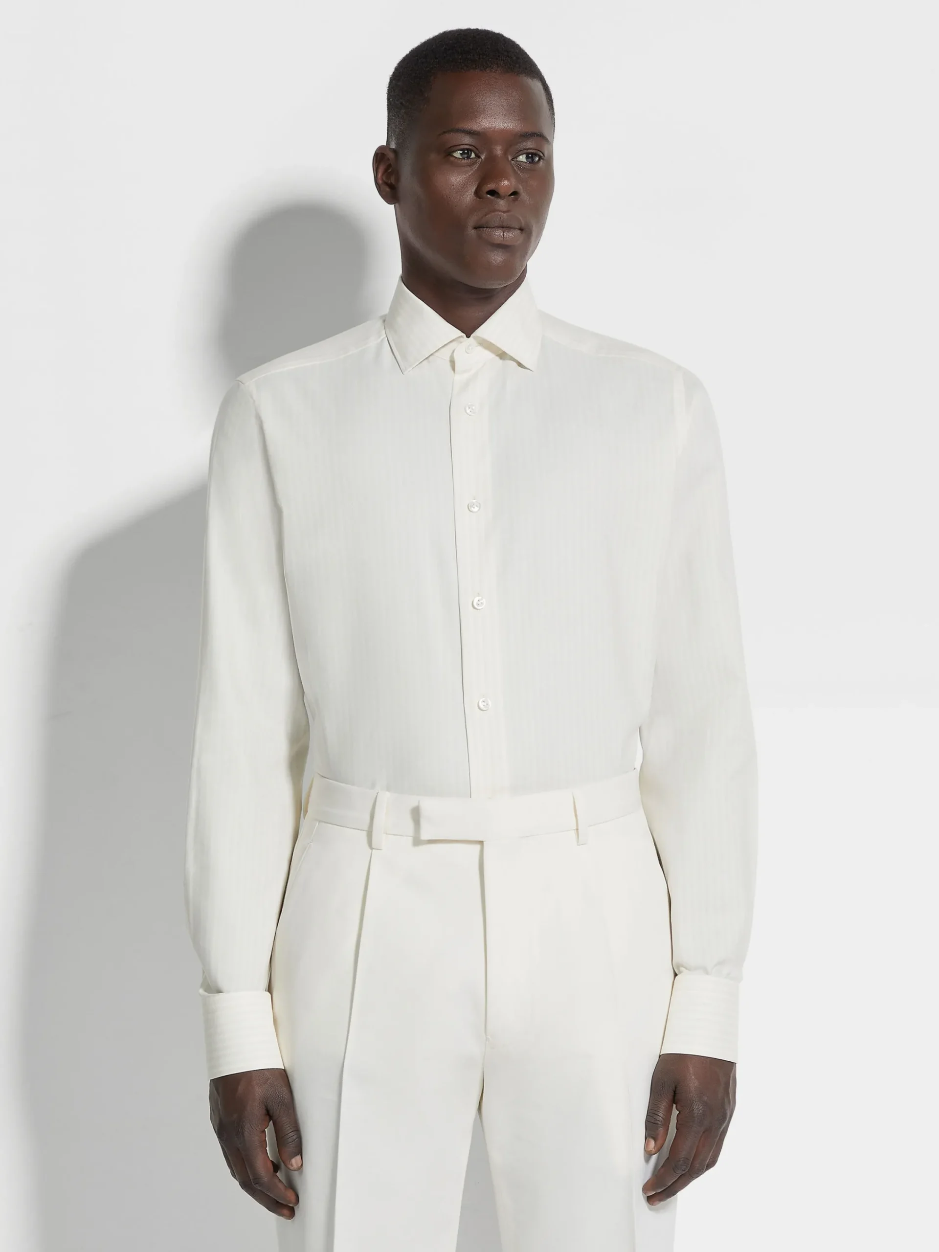 Shirts>ZEGNA White and Light Beige Macro-striped Silk Cotton and Cashmere Shirt White/LightBeige